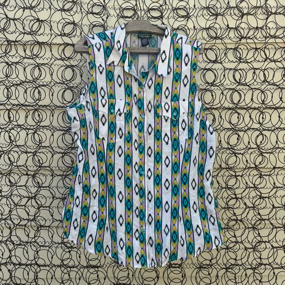 Wrangler Retro Sleeveless Southwestern Turquoise Pearl Snap Shirt XL - Picture 2 of 7
